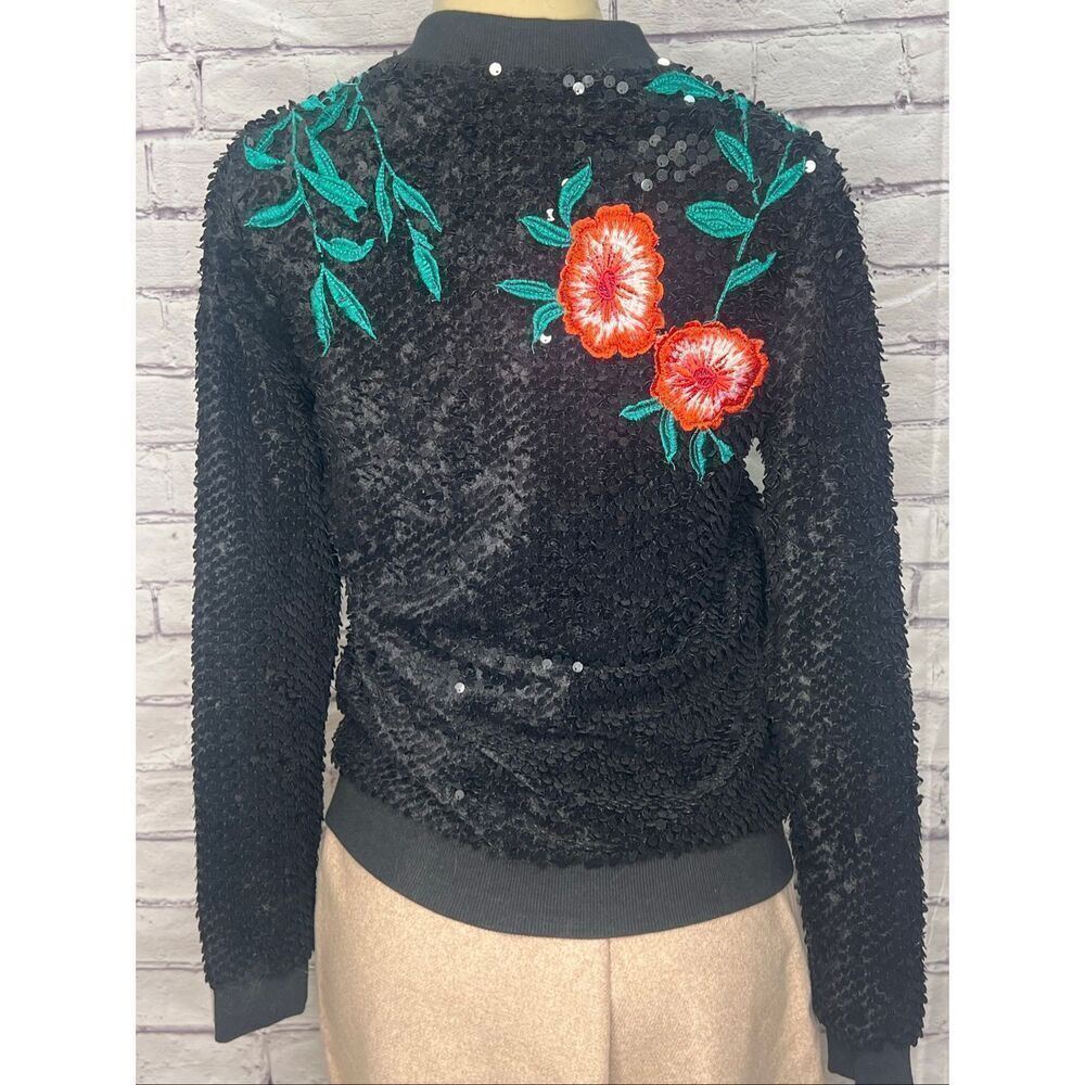 Gianni Bini Monroe Womens Black Sequin Floral Embroidered Zip Bomber Jacket XS - Picture 3 of 7